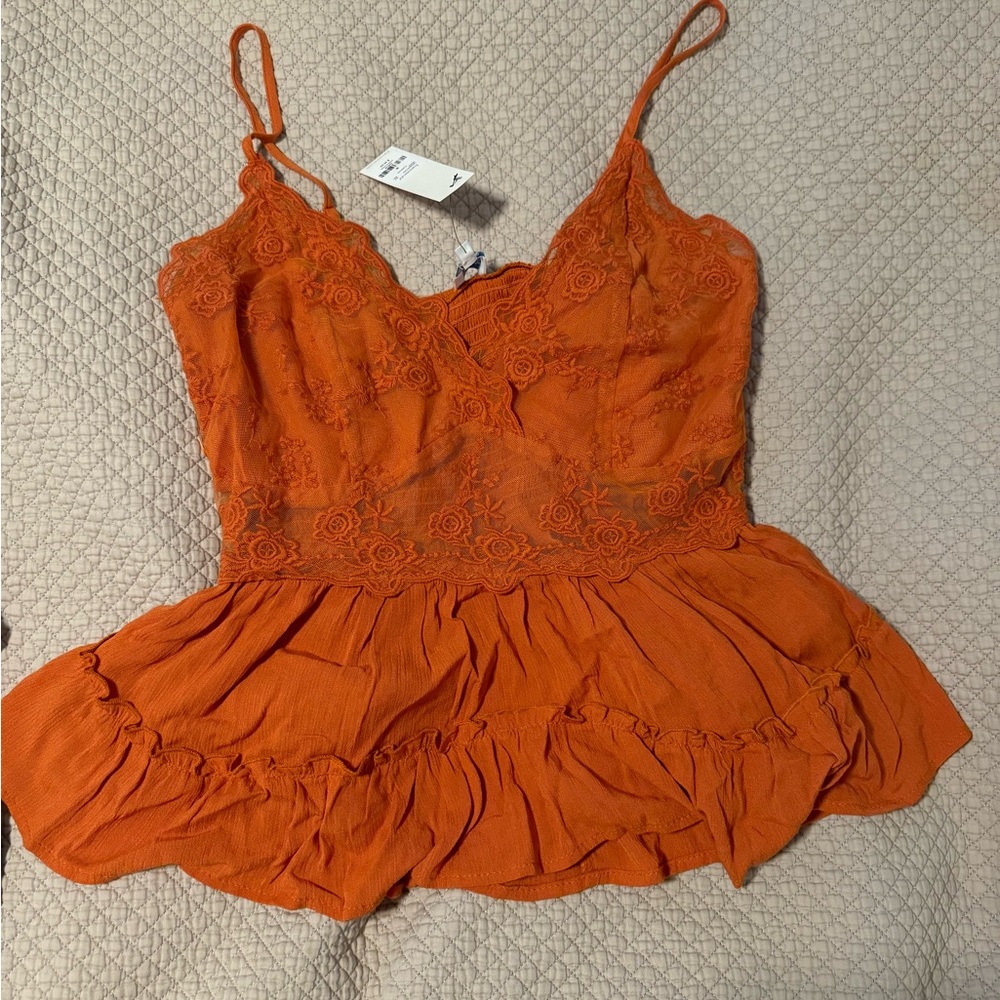 Brand new orange women's ruffled & lace tank
